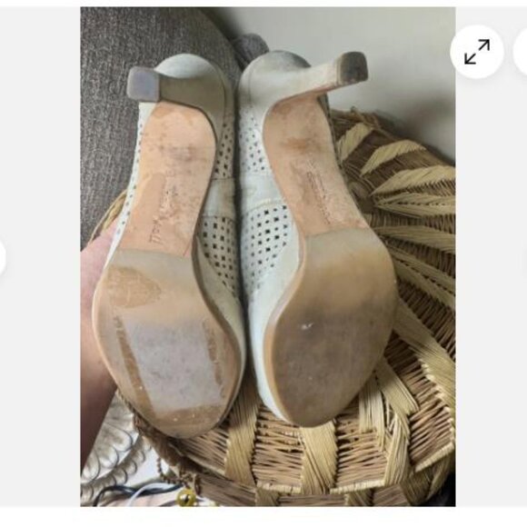 Paul Green Platform Gold 4.5 / 7 Suede Peep Toe Perforated Lazer Cut Out Heels - Picture 6 of 10